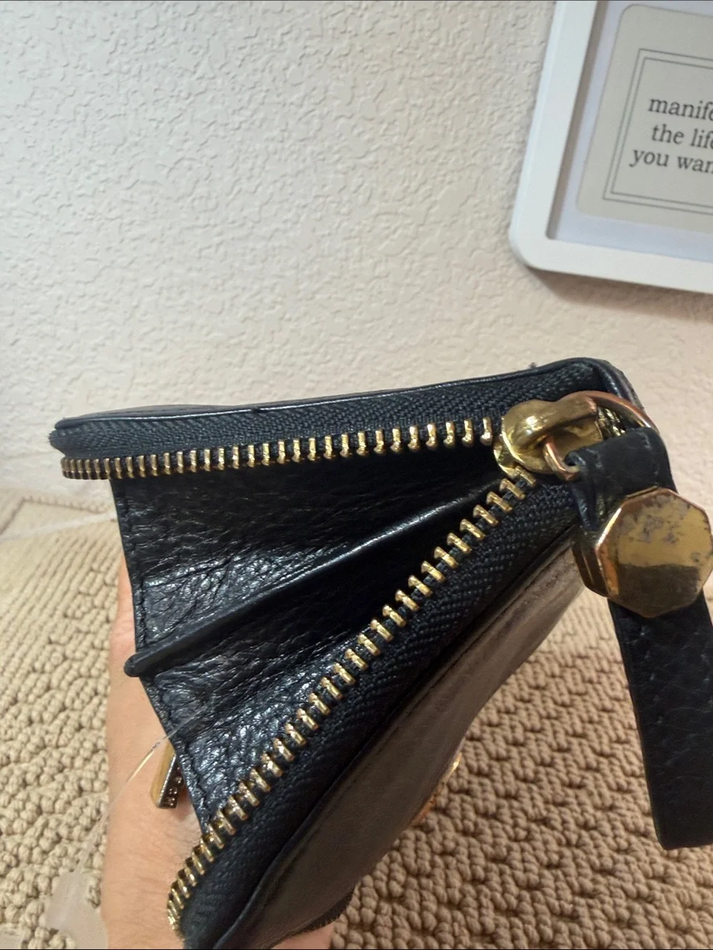 Tory Burch Black Pebbled Leather Zip Around Continental Wallet Gold Logo
